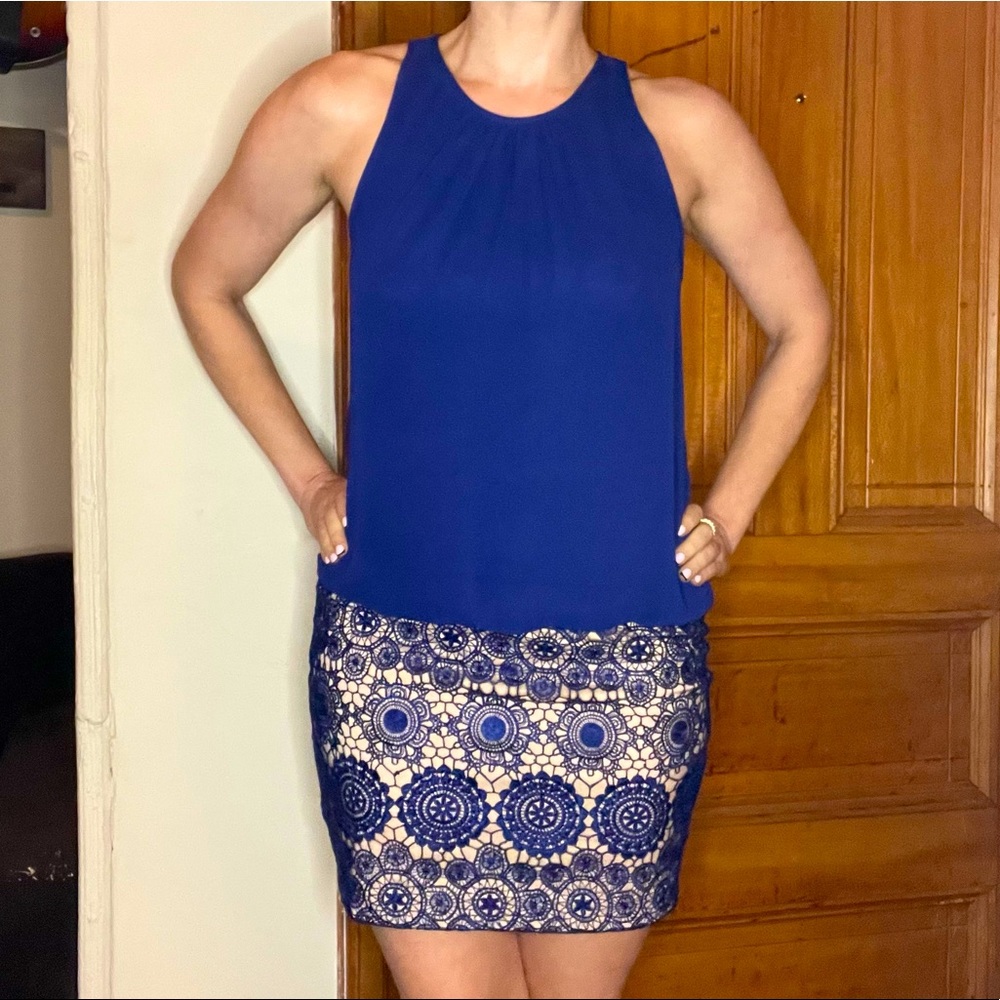 Aidan Blue dress with lace overlay skirt. Size 0